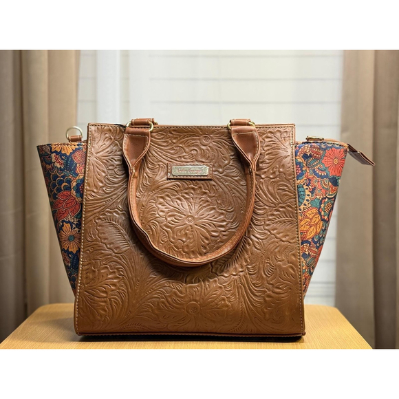 Floral Cork Cognac Brown Embossed Tooled Artisan LEATHER Hobo Bag Purse Tote - Picture 8 of 11